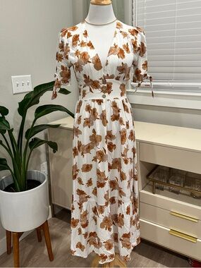 Altar'd State White and Brown Floral Midi Wrap Dress